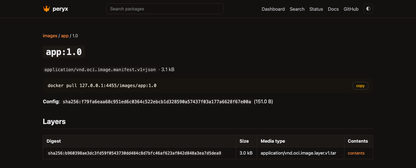 An OCI manifest: the pull command, the config digest, and the layer table with a contents link